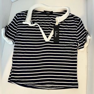 NEW Lulus Women’s Navy White Striped Collared Shirt-Size Small